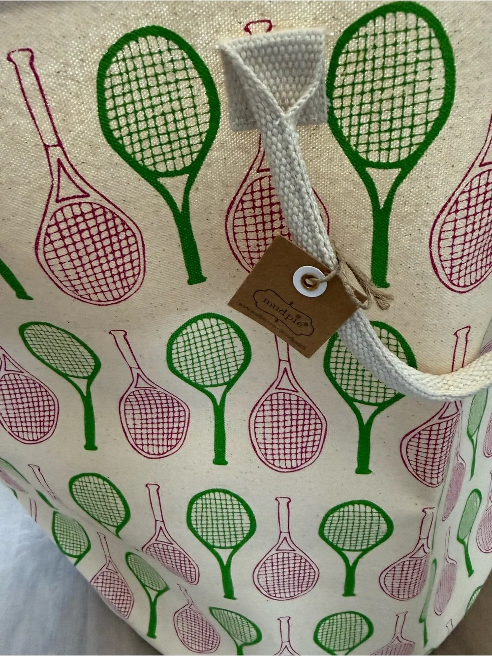 Mud Pie Over Served Oversized Canvas Tennis Tote Bag.- Pink & Green Preppy